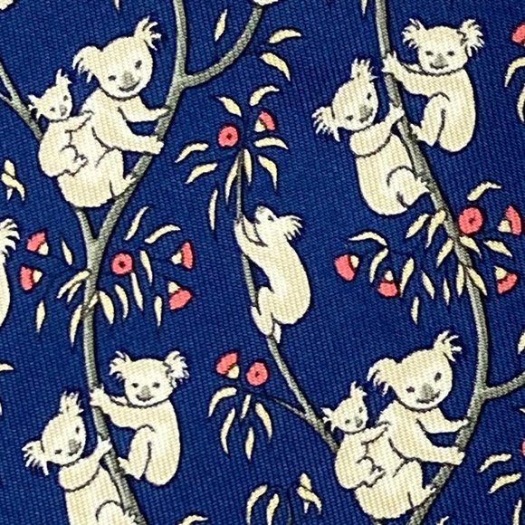 100% REAL HERMES TIE ~ BLUE w/ PLAYFUL KOALA BEAR FAMILY IN EUCALYPTUS TREES - Picture 2 of 4